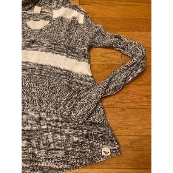 Roxy womens grey white striped v-neck hooded lightweight knit pullover sweater M - Picture 3 of 7